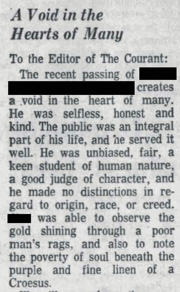A portion of a letter to the editor from the Hartford Courant about the death of my biological grandfather.